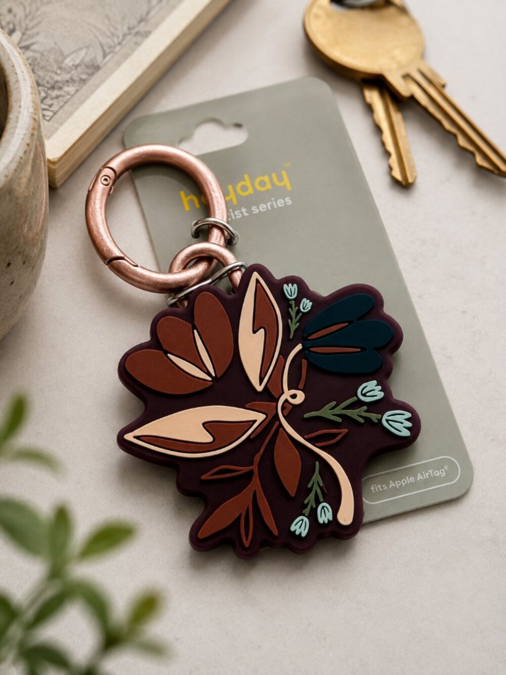 Heyday Artist Series AirTag Burgundy Keychain Holder Floral Carabiner Clip New